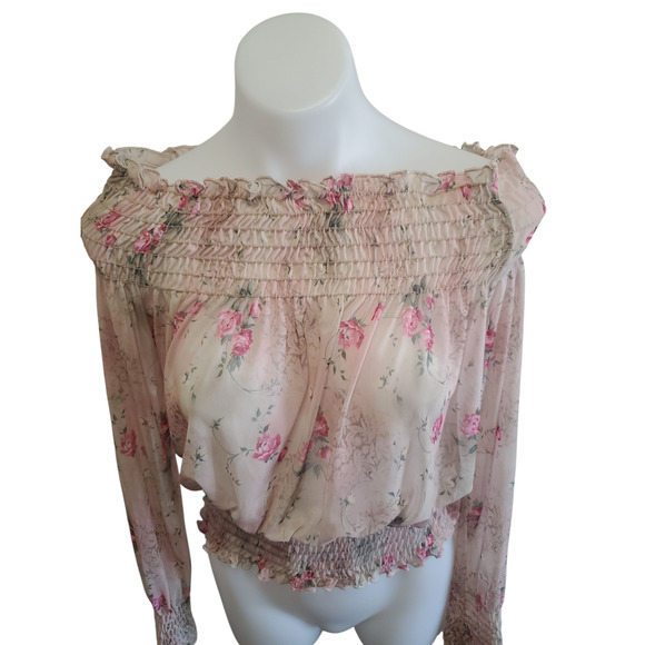 Y2K Forever 21 Sheer Floral Fairy Goth Romantic Shirred Off-Shoulder Top L - Picture 2 of 9